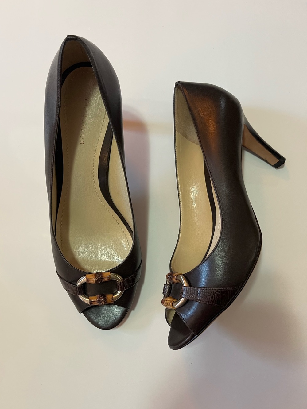 Ann Taylor Dark Brown Peep-Toe Heels with Gold Buckle Accent